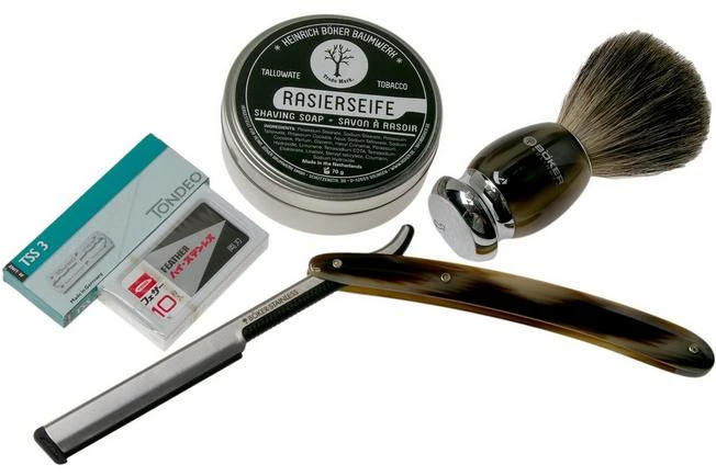 Böker Barberette Horn Set 140905SET Shaving Set With Shavette 3 Böker Barberette Horn Set 140905SET Shaving Set With Shavette