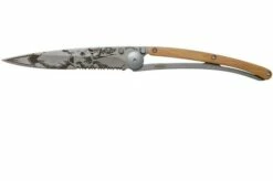 Deejo Wood One-Hand 37g Deer, Juniper Wood 1CB000546 Serrated Pocket Knife